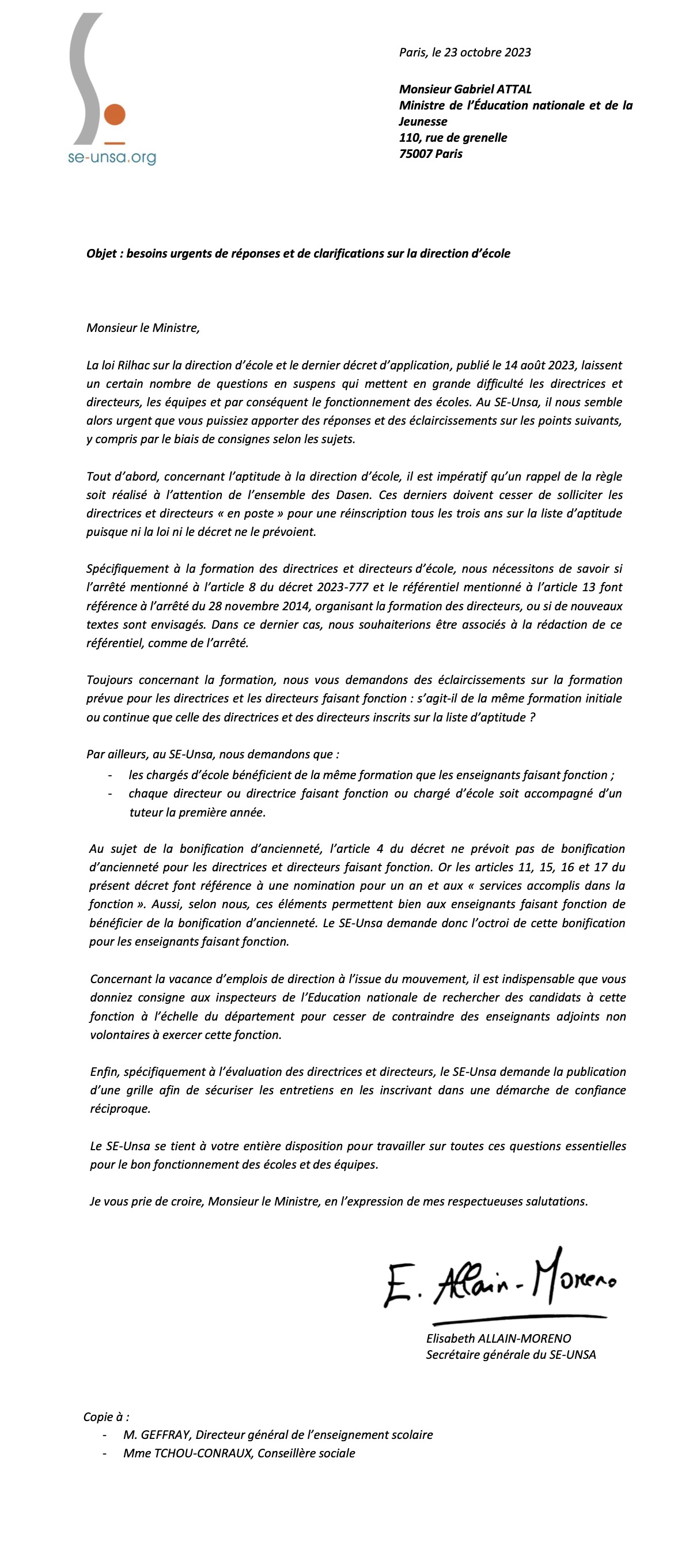 Courrier du SE-Unsa au ministre