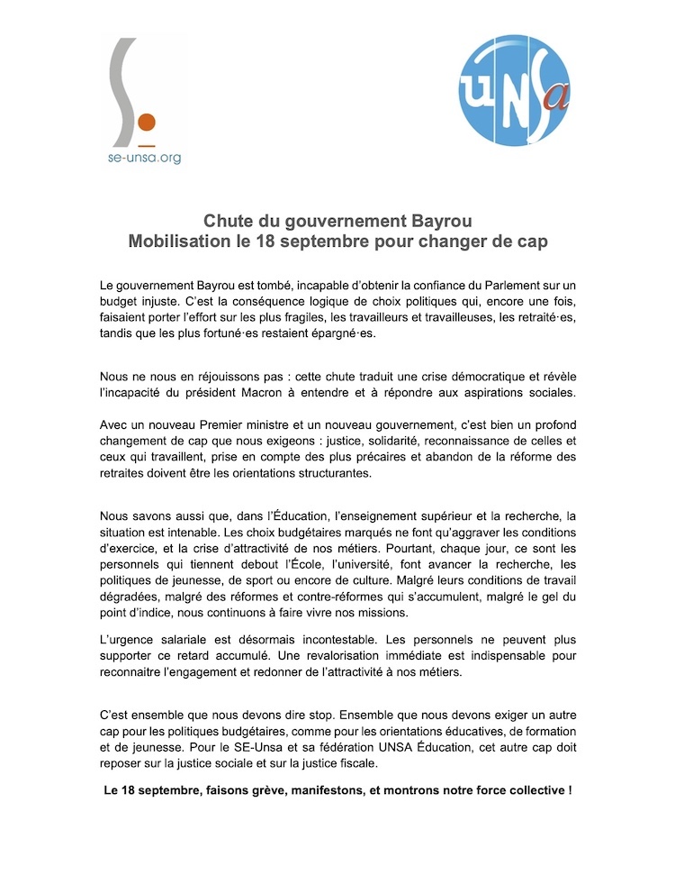 Appel à la mobilisation du 18 septembre 2025 par le SE-Unsa et l'Unsa Éducation