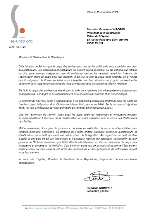 visuel/lien du courrier au Président de la République pour l'assimilation des instituteurs