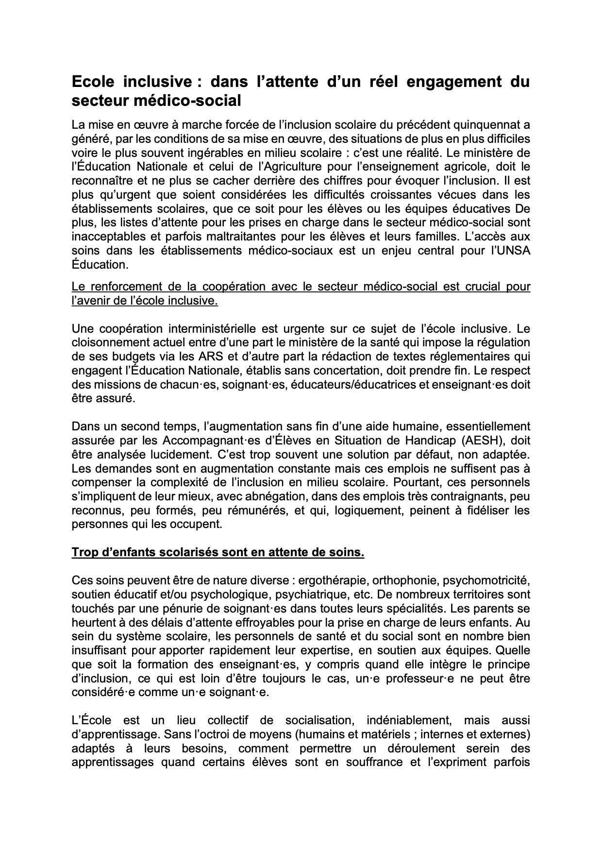 Tribune de l'Unsa Éducation et du SE-Unsa dans Libération sur l'École inclusive_avril 2023