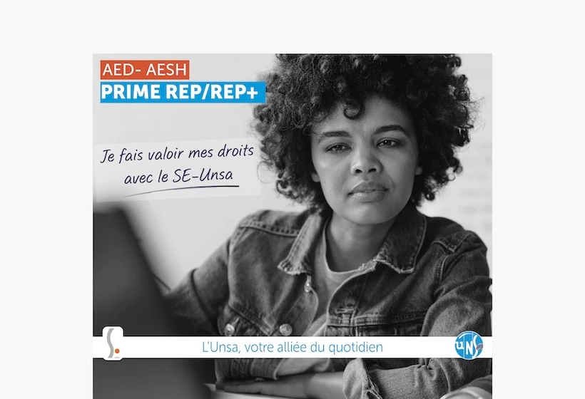 Visuel_prime REP/REP+_AED_AESH_Je fais valoir mes droits avec le SE-Unsa