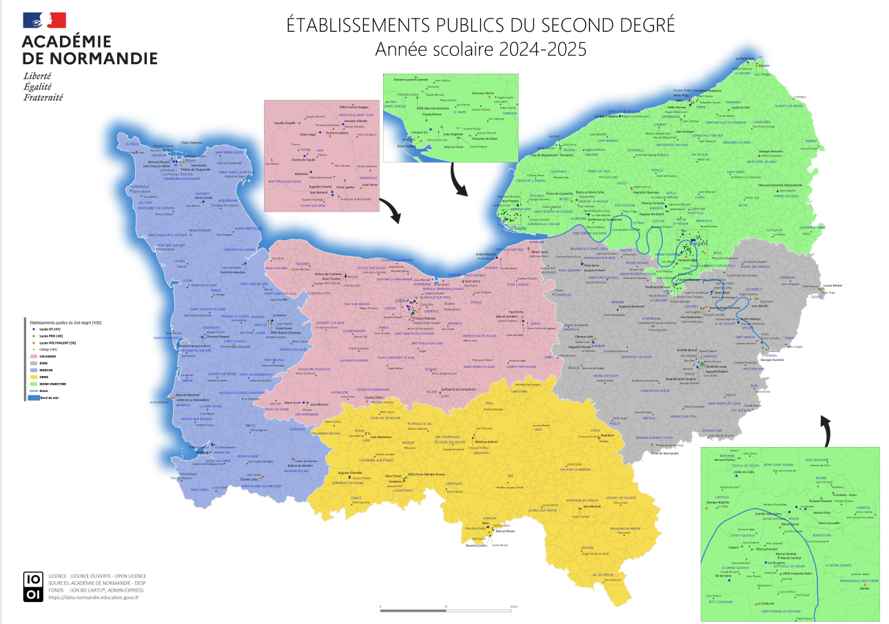 Carte de l'académie de Normandie indiquant les établissements scolaire du second degré