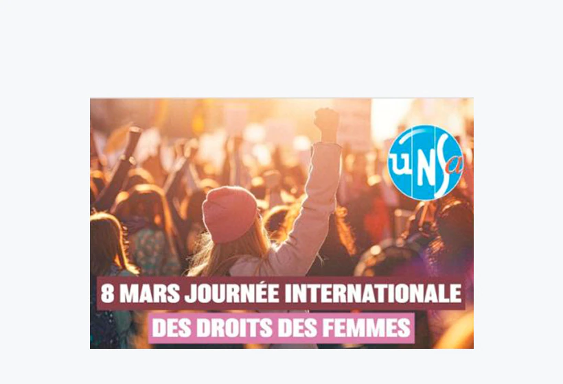des manifestantes de dos avec le texte : 8 mars Journée internationale des droits des femmes