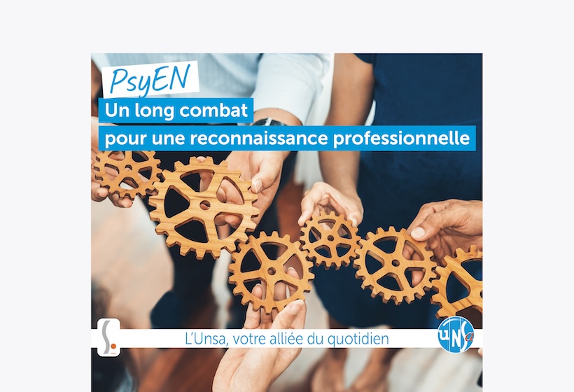 des mains qui tiennent des roues crantées avec le texte "PsyEN : Un long combat pour une reconnaissance professionnelle".