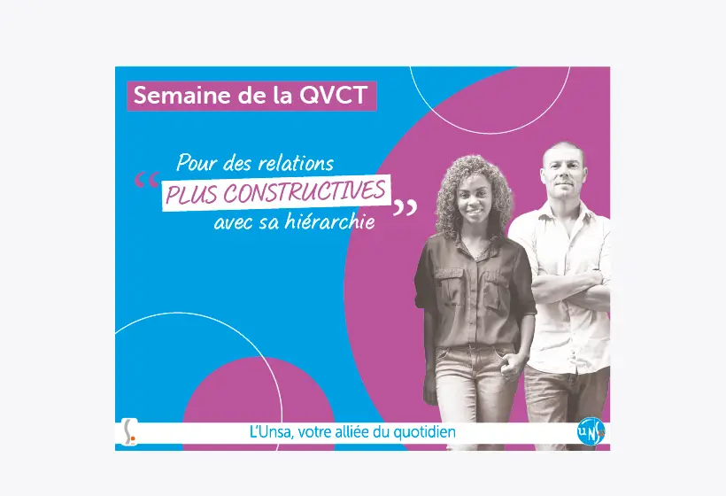 visuel de la Semaine de la QVCT 2026 : 2 personnes debout et le slogan "Pour des relations plus construites avec sa hiérarchie".