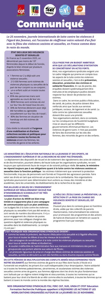 Image du communiqué intersyndical concernant la Journée du 25 novembre 2025 contre les violences faites aux femmes